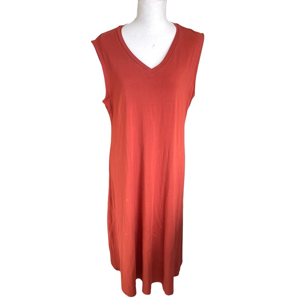 NWT Eileen Fisher Sleeveless V Neck Jersey Midi Dress Red Orange Lagenlook LARGE - Picture 3 of 12